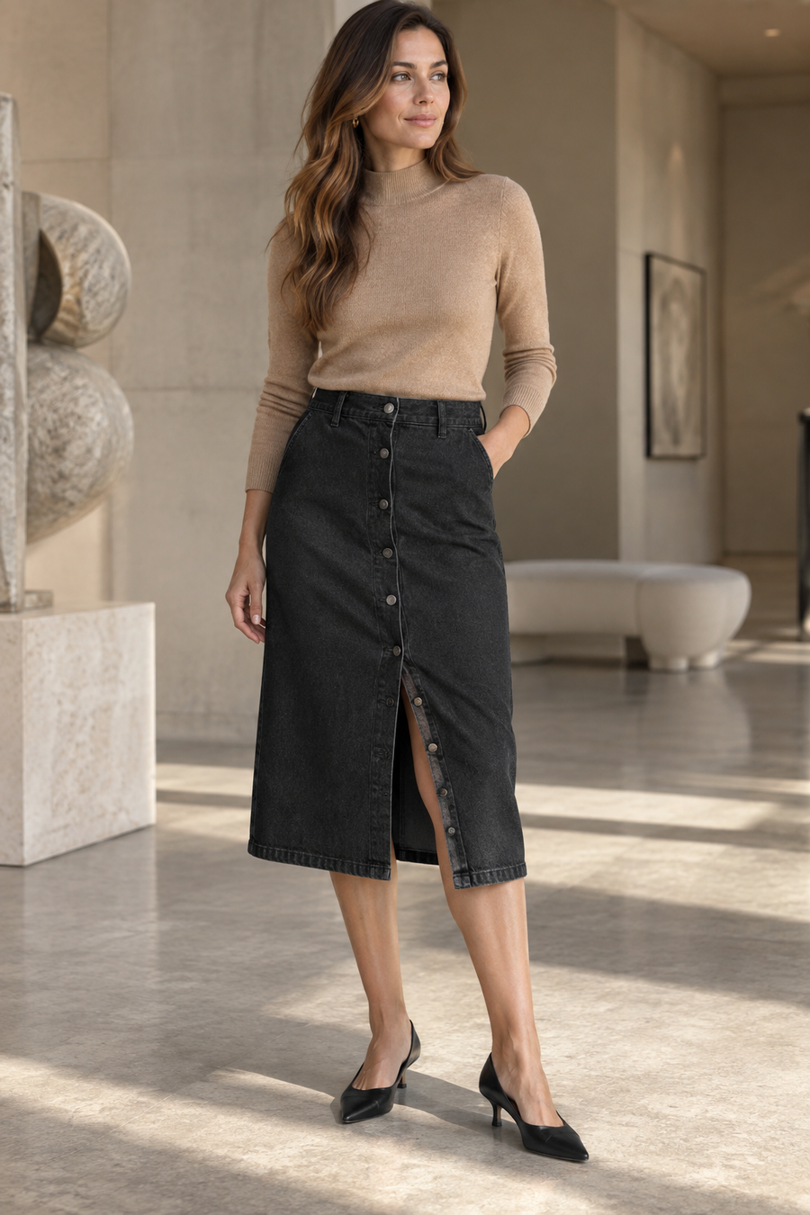 The Noelle Button-Front Denim Midi Skirt
