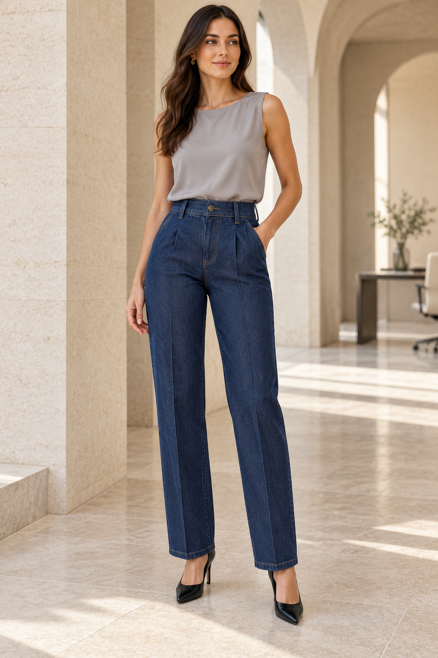The Elara Tailored-Pleat Straight-Leg Jean