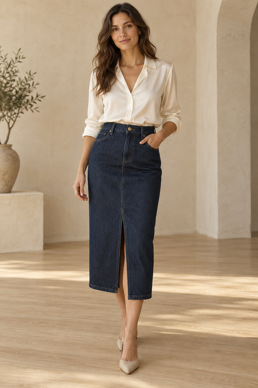 The Celeste Front-Slit Denim Midi Skirt